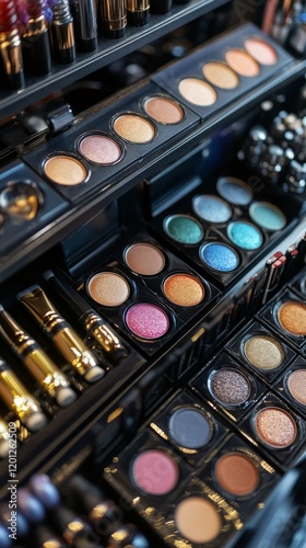 Colorful makeup palette displayed in a professional beauty kit for creative a...