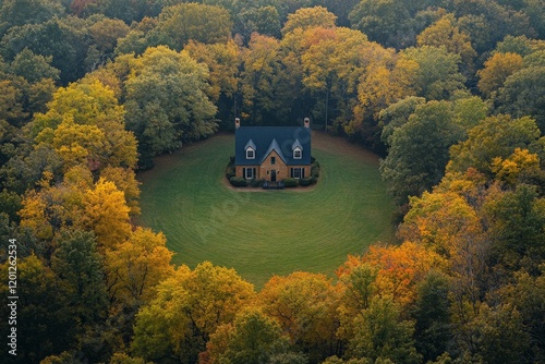 Remote house surrounded by vibrant autumn foliage in a secluded clearing