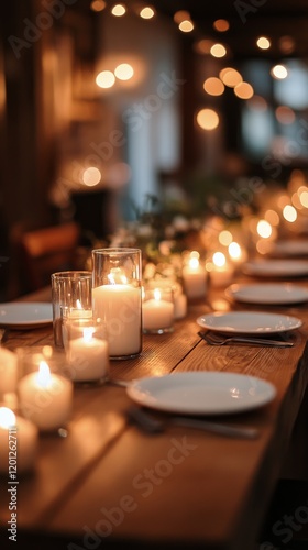Romantic candlelit dinner setup with elegant table arrangements and warm ambi...