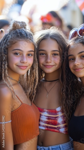 Young girls smiling together during summer camp activities in a sunny outdoor...