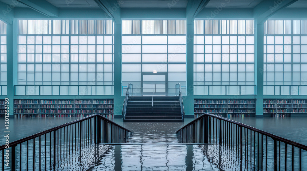 Flooded library interior; staircase submerged, bookshelves underwater Flooded library interior; staircase submerged, bookshelves underwater