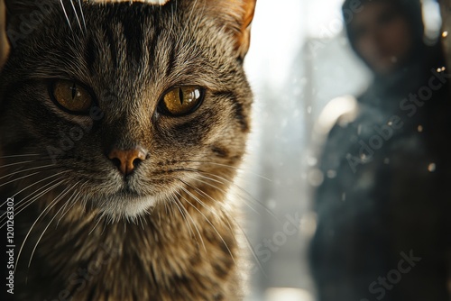 Close-up of a tabby cat with striking eyes in a soft outdoor light with a blu...