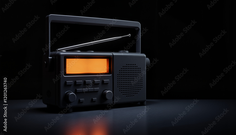 Fototapeta premium Modern portable radio illuminating the dial on a dark table, essential for communication