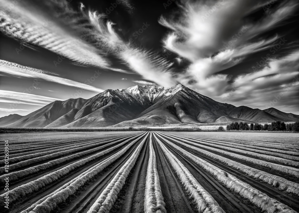 Fototapeta premium Majestic Mountain Range & Parallel Crop Rows: Wide-Angle Black & White Sketch