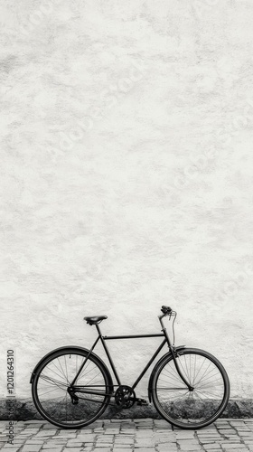 Classic black bicycle parked against a textured white wall on a cobblestone s...