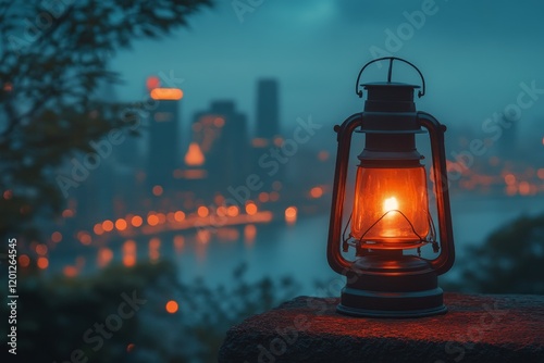 City skyline illuminated by lantern light during twilight on a cloudy evening