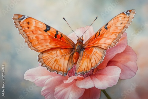 Bright orange butterfly resting on a soft pink flower with intricate details ...