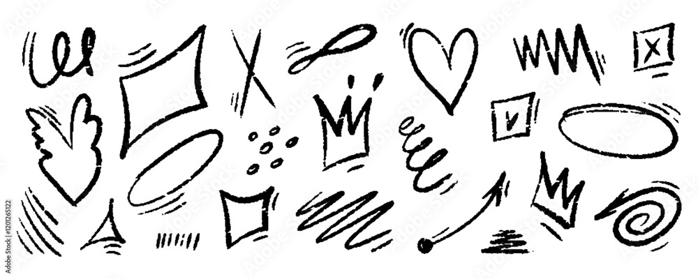 Chalk hand drawn arrow, brush lines, underlines, crayon marker scribbles, grunge texture, heart, crown, text box, zig zag doodle vector sketch elements. Chalk hand drawn arrow, brush lines, underlines, crayon marker scribbles, grunge texture, heart, crown, text box, zig zag doodle vector sketch elements.