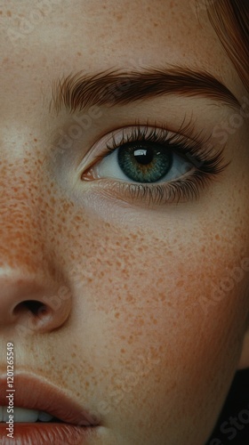 Close up of a young woman with freckles showcasing natural beauty in soft lig...