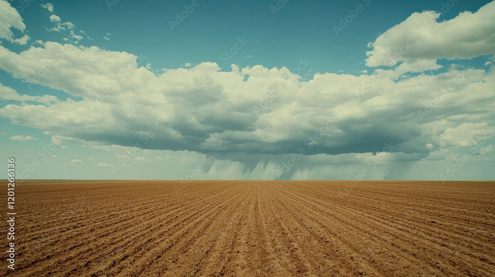 Fototapeta premium Raining on a plowed field under a dramatic sky