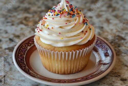 Delicious cupcake with colorful sprinkles on a vintage plate in a vibrant flo...