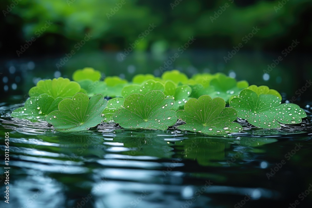 A serene scene with a bunch of green leaves floating on the surface of a body of water A serene scene with a bunch of green leaves floating on the surface of a body of water