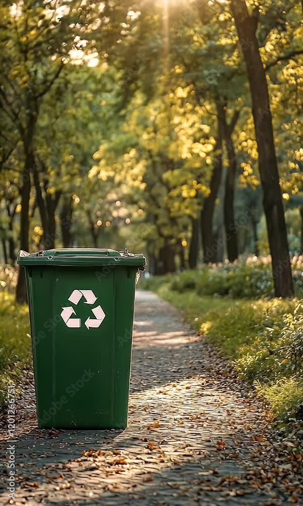 A green recycling bin stands on a path surrounded by trees in a serene park setting. A green recycling bin stands on a path surrounded by trees in a serene park setting.
