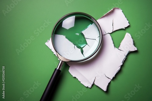 A magnifying glass placed on a piece of paper, useful for examining small details or searching for clues