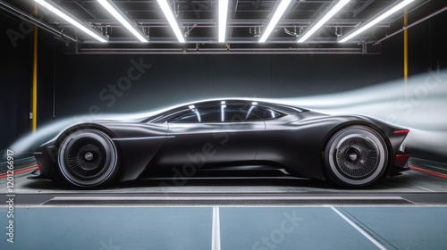 Aerodynamic Testing of a Futuristic Sports Car Captured Under Intense Wind Tunnel Conditions.