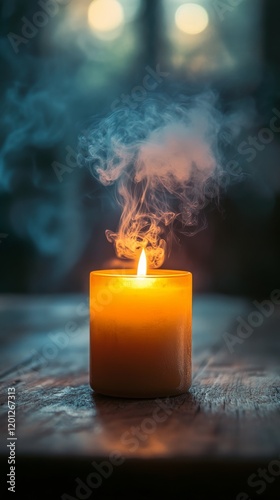 Warm candle flame emits gentle smoke at sunset over a rustic wooden table