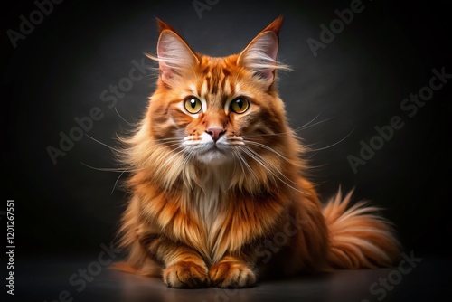 Majestic Red Maine Coon Cat Crouching, Isolated Black Background - Surreal Photography