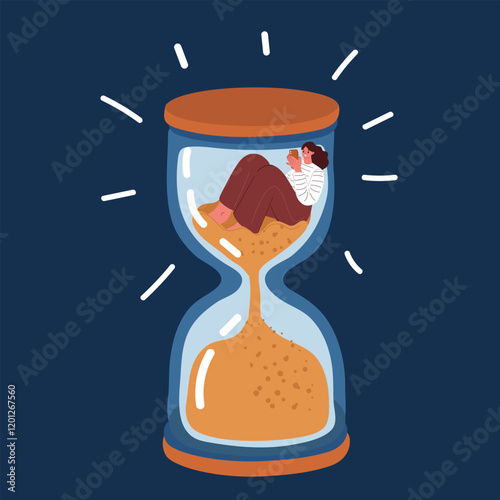 Cartoon vector illustration of a woman inside an hourglass on her smartphone, symbolizing lost time and digital distraction over dark background
