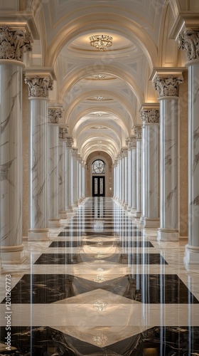 Elegant golden corridor with majestic columns illuminated by soft sunlight