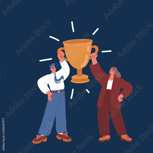 Cartoon vector illustration of a man and woman proudly holding a trophy together, celebrating their victory over dark background