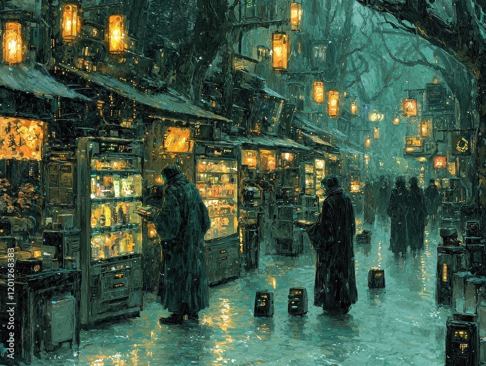 Obraz premium A cyberpunk alleyway filled with vibrant graffiti glowing under the flicker of neon signs. Shadowy figures move through the narrow streets, illuminated by the soft glow of vending machines offering