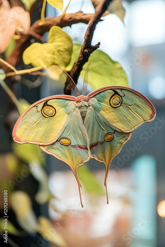 Colorful tropical butterfly resting on a branch in a botanical exhibit photo