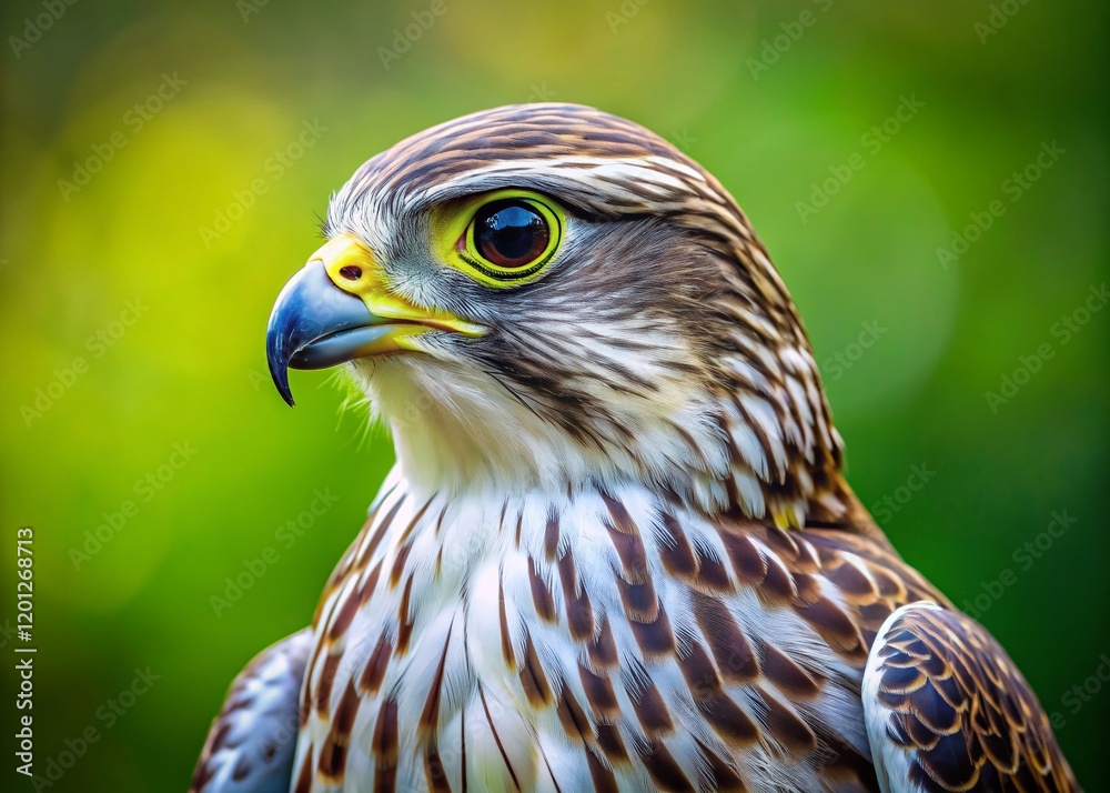 Majestic Saker Falcon Portrait: Powerful Bird of Prey on Lush Green Background Majestic Saker Falcon Portrait: Powerful Bird of Prey on Lush Green Background