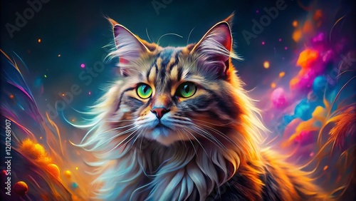 Majestic Scottish Straight Longhair Cat Poses on Vibrant Backgrounds - Stock Photos