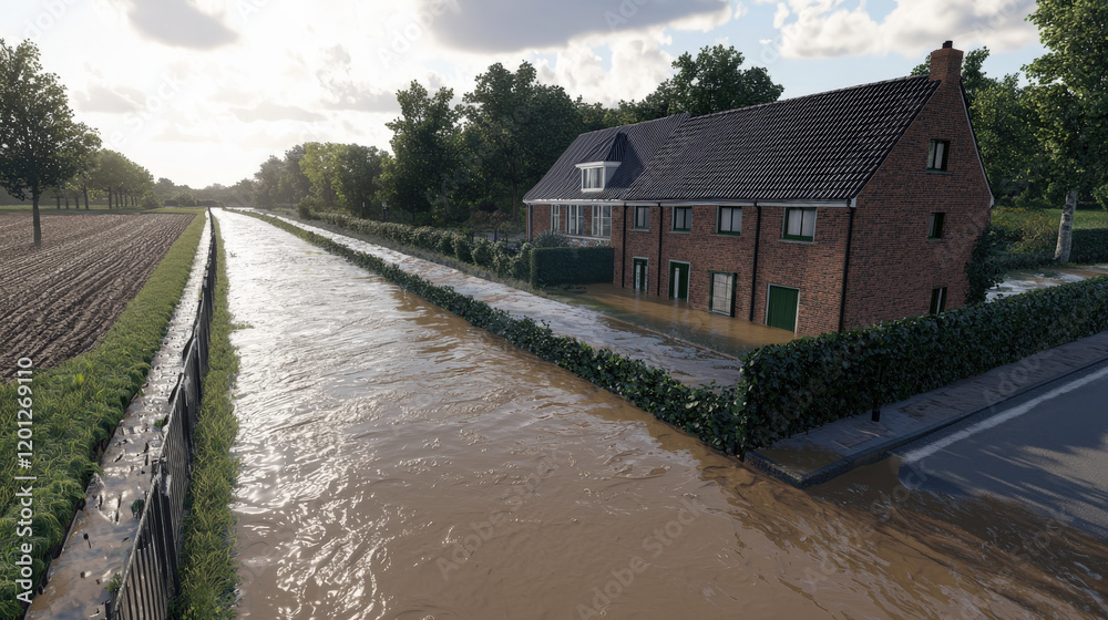 Fototapeta premium Flooded canal surrounds house; muddy water reaches building's ground floor