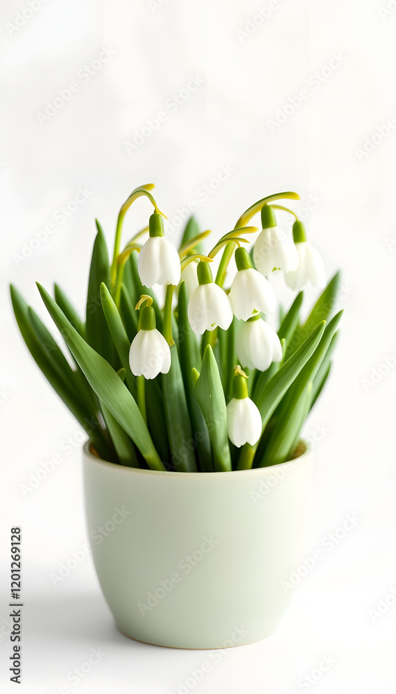 Fototapeta premium White spring snowdrops in a cup on a white background, dinamic scene