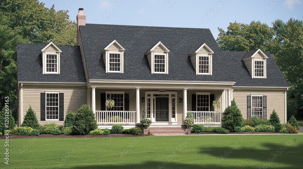A charming two-story house with a landscaped front yard. A charming two-story house with a landscaped front yard.