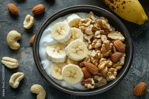 Healthy breakfast bowl with yogurt, bananas, nuts, and a side of fresh fruit ...