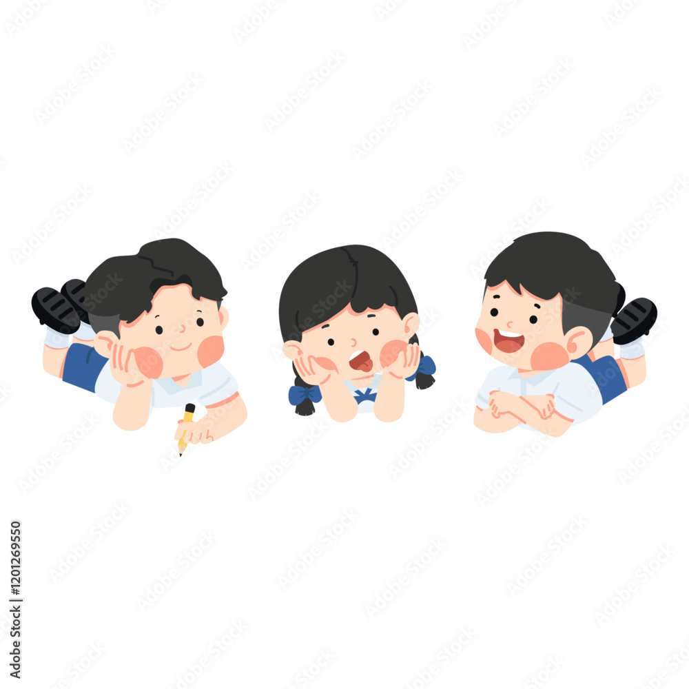 Happy kids student lying on floor Happy kids student lying on floor