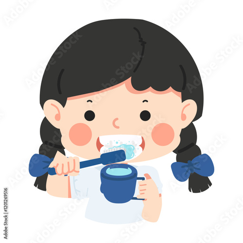 Adorable schoolgirl brushing her teeth