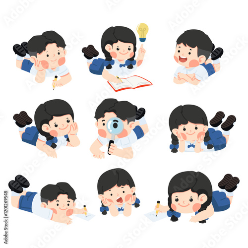 Kids student lying on floor set