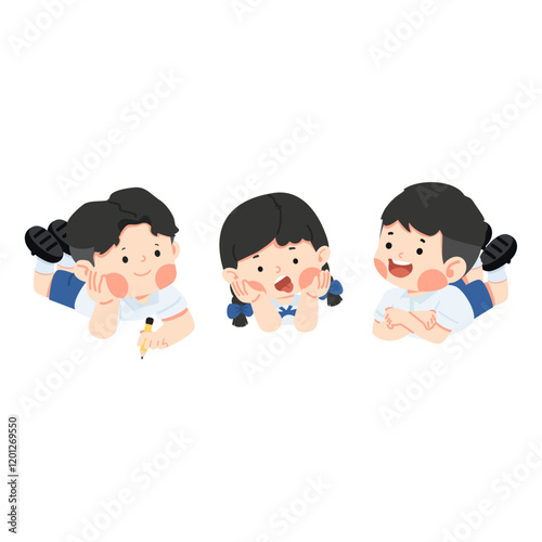 Happy kids student lying on floor