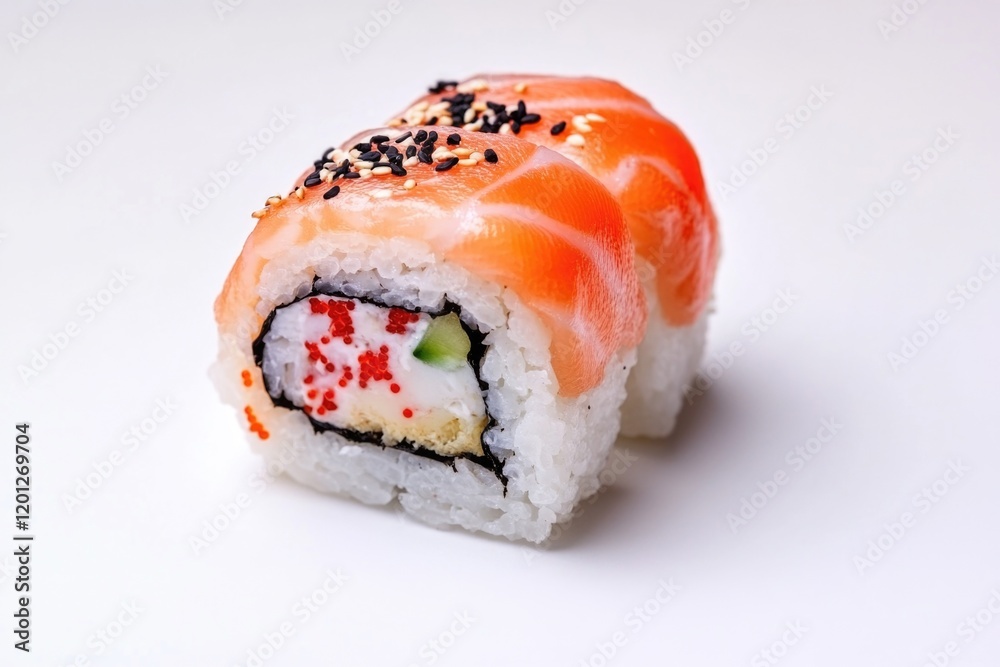 A piece of sushi served on a white surface A piece of sushi served on a white surface