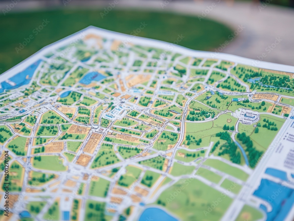 Detailed paper map of a city with roads parks and blue water features Detailed paper map of a city with roads parks and blue water features