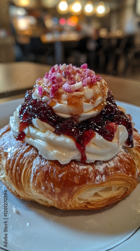 Freshly baked croissant served with jam alongside a delicate floral arrangement
