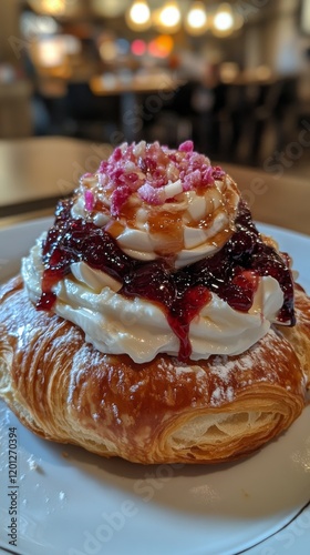 Freshly baked croissant served with jam alongside a delicate floral arrangement