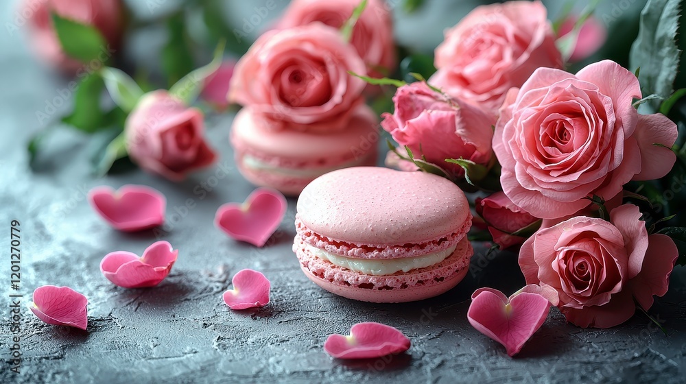 Pink macarons and roses on a gray background. Pink macarons and roses on a gray background.