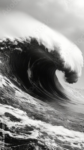Majestic ocean wave crashing against the shore on a cloudy day