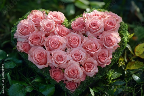 Heart-shaped arrangement of pink roses surrounded by lush greenery in a garde...