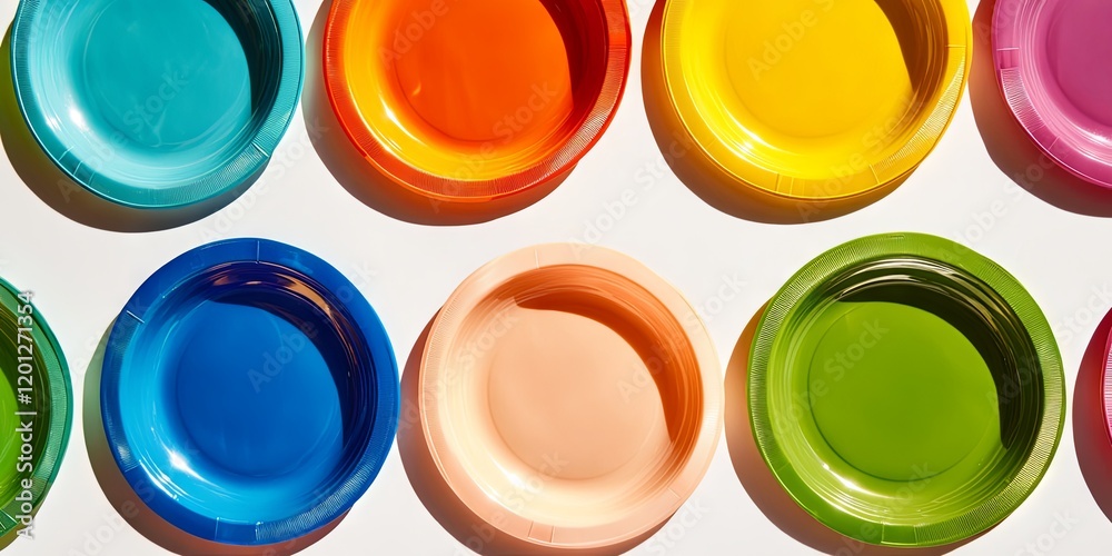 Colorful Plastic Plates on White Background Colorful Plastic Plates on White Background