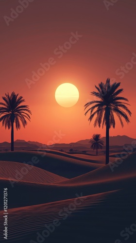 A futuristic desert oasis glowing softly under a violet sky filled with twin suns. The radiant sands ripple gently, while crystalline palm trees refract the light into shimmering patterns that 