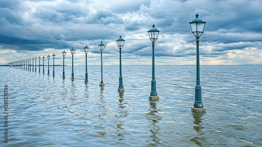Lampposts submerged in rising water, extending into the distance under a cloudy sky Lampposts submerged in rising water, extending into the distance under a cloudy sky