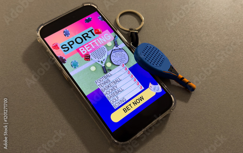 smartphone with application for sport bets and a padel racket, concept of online bets  photo