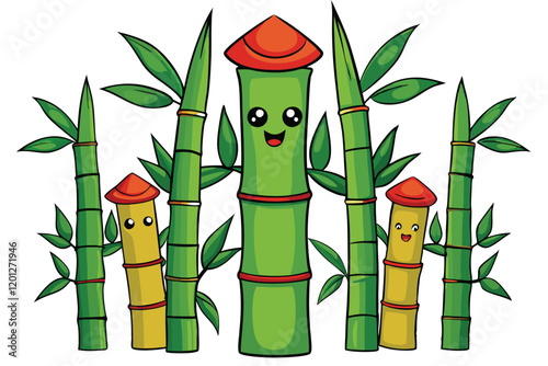 Animated bamboo stalks with happy expressions, featuring red roofs, great for Asian themed art, nature designs, and fun creative projects