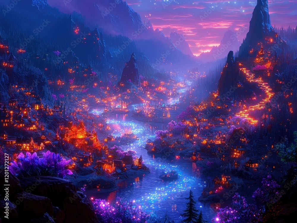 Fototapeta premium A mystical canyon carved by radiant rivers of molten stardust. Floating stairways of light connect hidden sanctuaries etched into the canyon walls, and glowing plants line the riverbanks, casting 