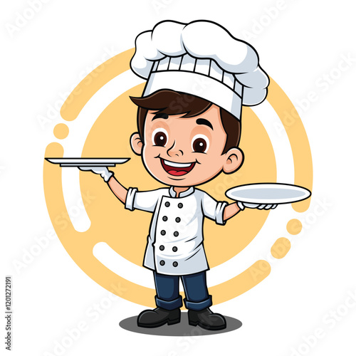 Cute Chef Boy Mascot Logo Full Body Holding Two Plates